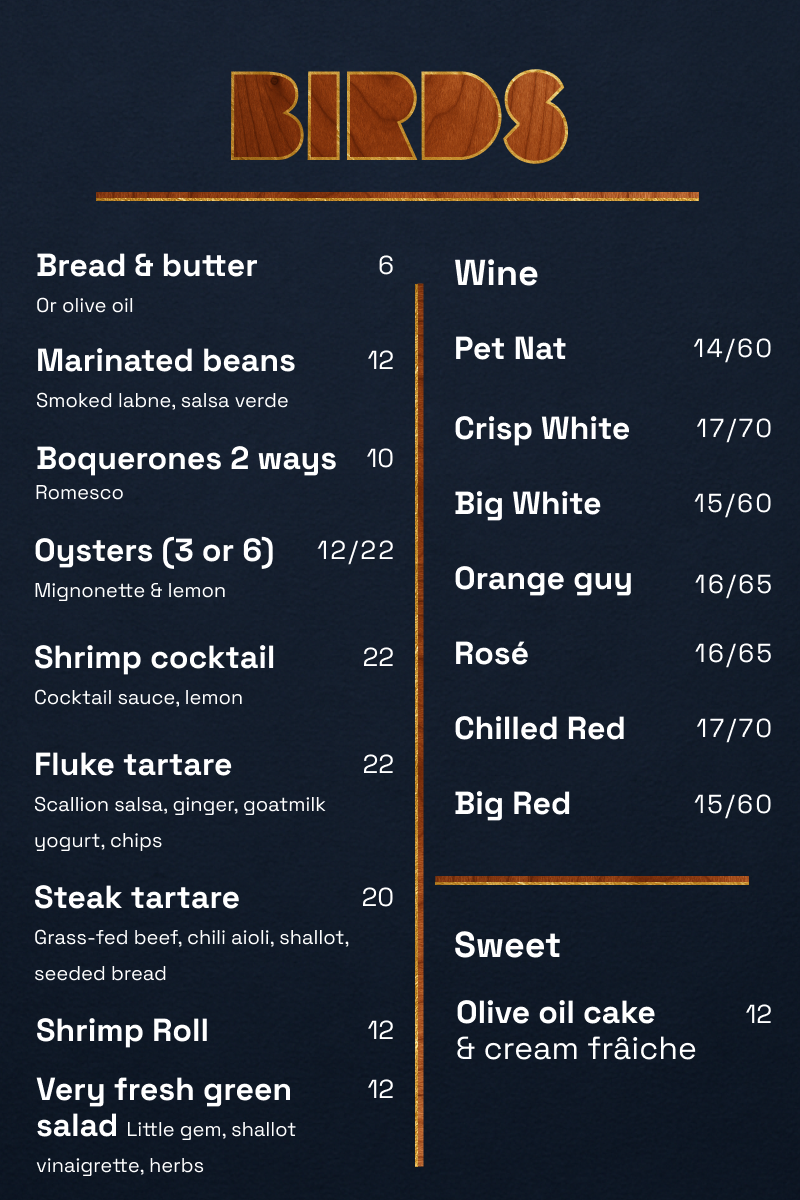 Birds NYC Menu — Side A